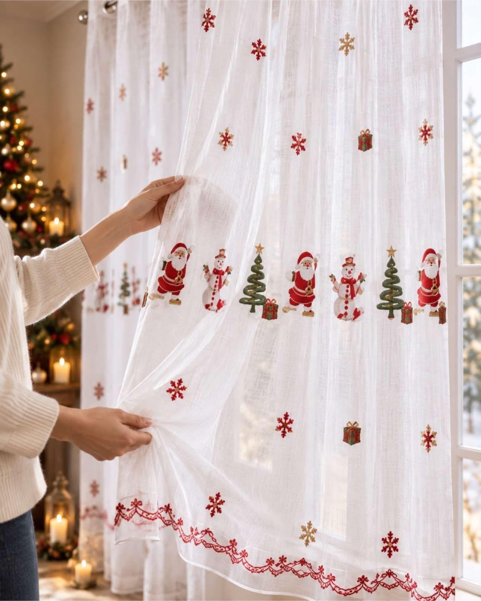 Set 2 Paños Cortina Visillo Navideña 180 x 230 cm con Ojales-3