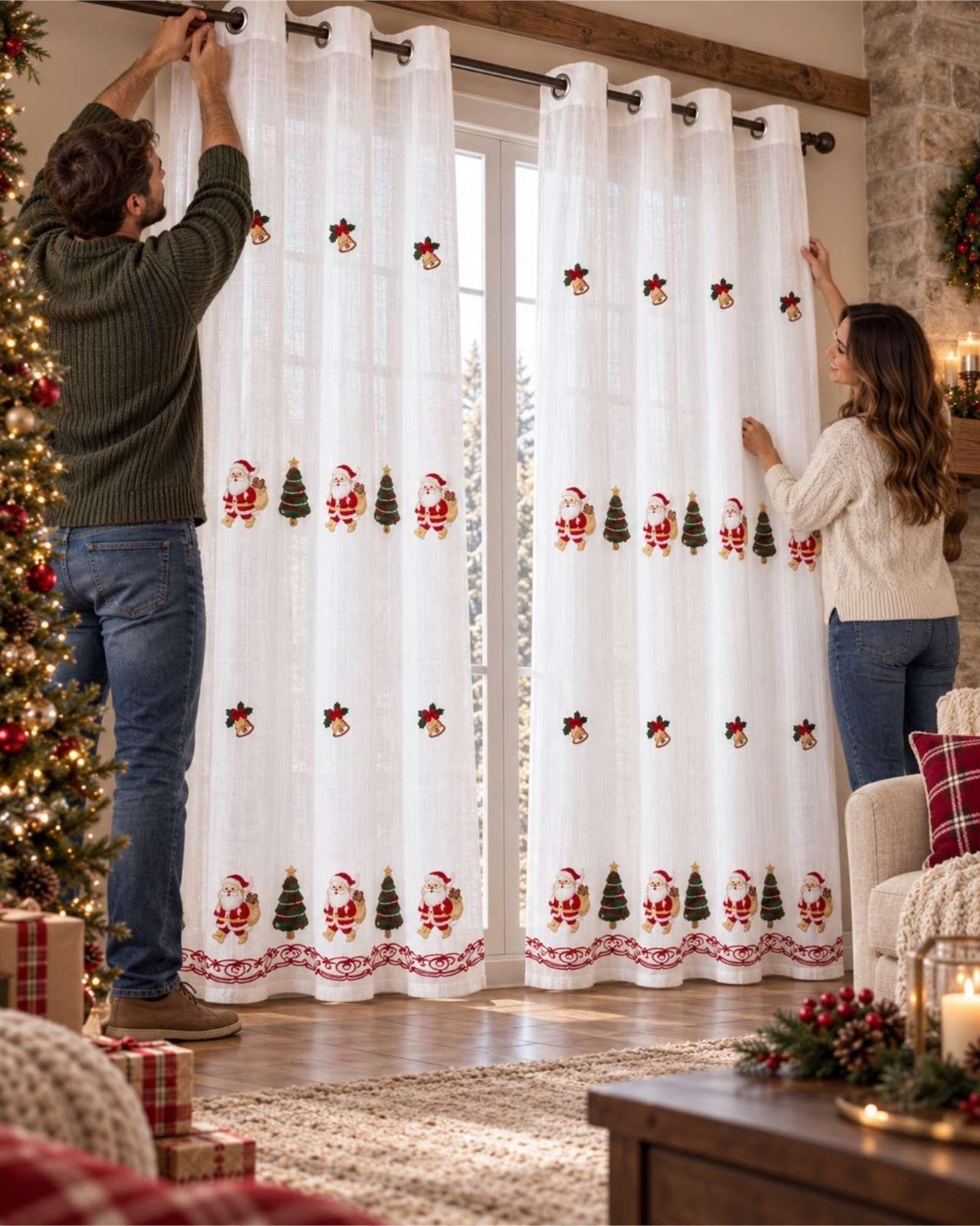 Set 2 Paños Cortina Visillo Navideña 140 x 230 cm con Ojales A3-1
