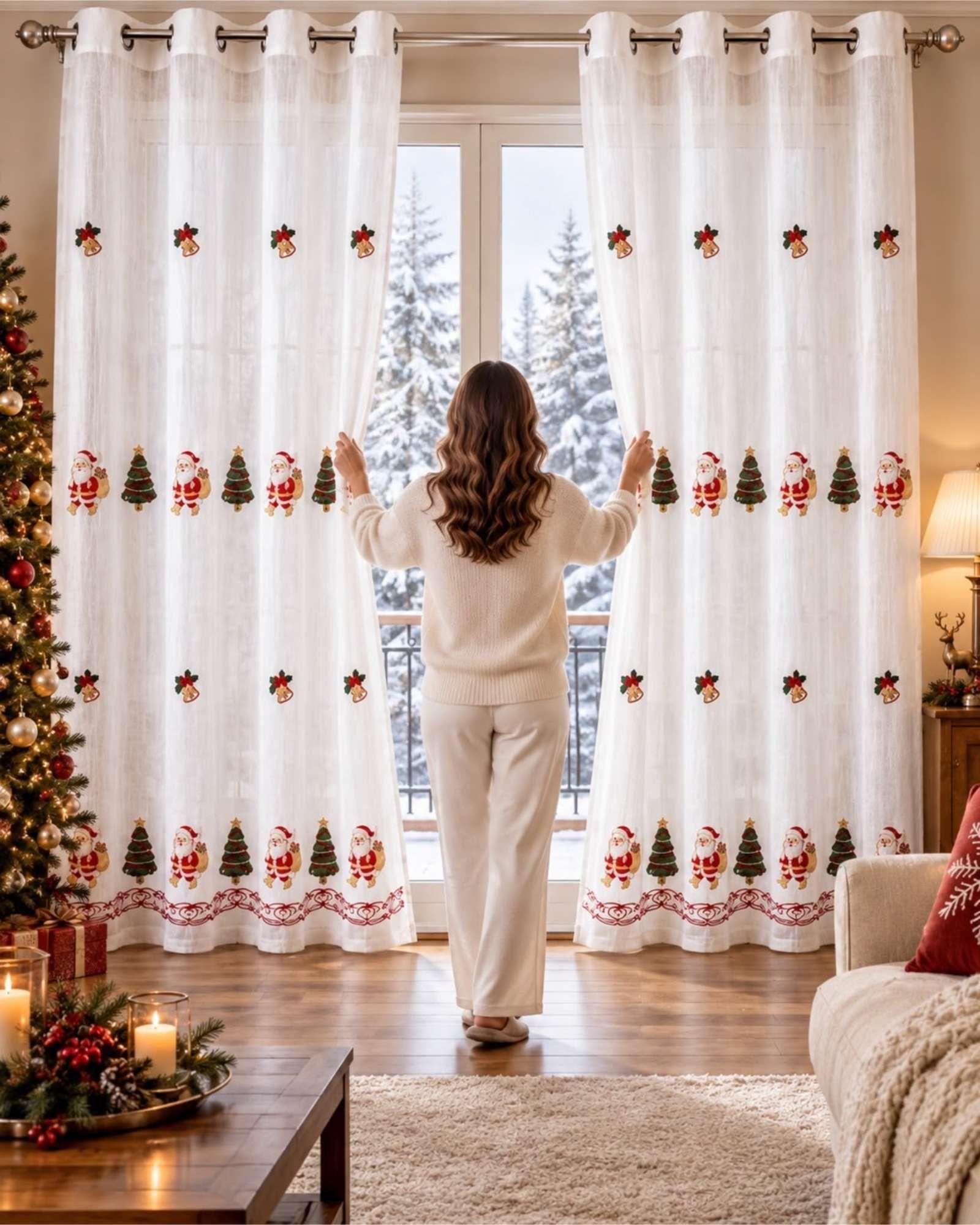 Set 2 Paños Cortina Visillo Navideña 140 x 230 cm con Ojales A3-2
