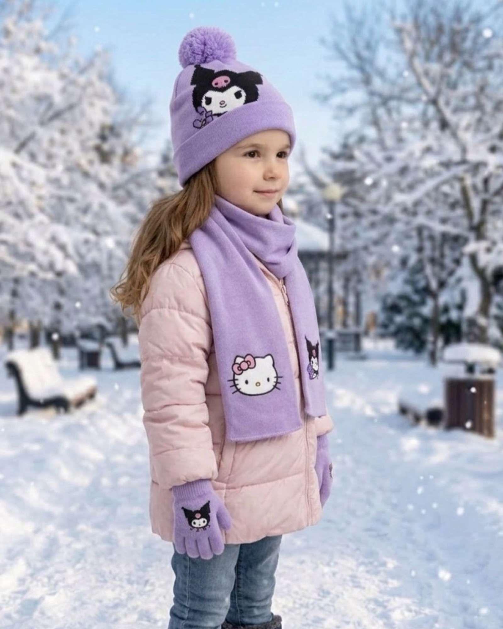 Set Invierno Niños niñas Gorro mas Bufanda y Guantes Térmico Kitty y Kuromi-2