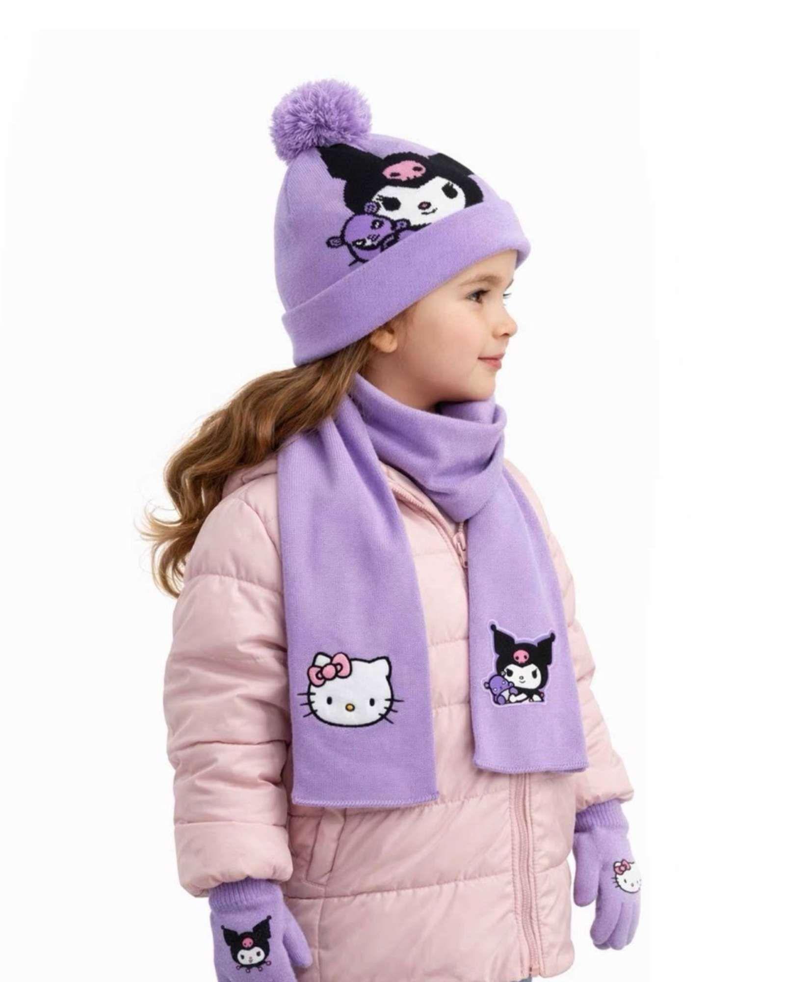Set Invierno Niños niñas Gorro mas Bufanda y Guantes Térmico Kitty y Kuromi-3