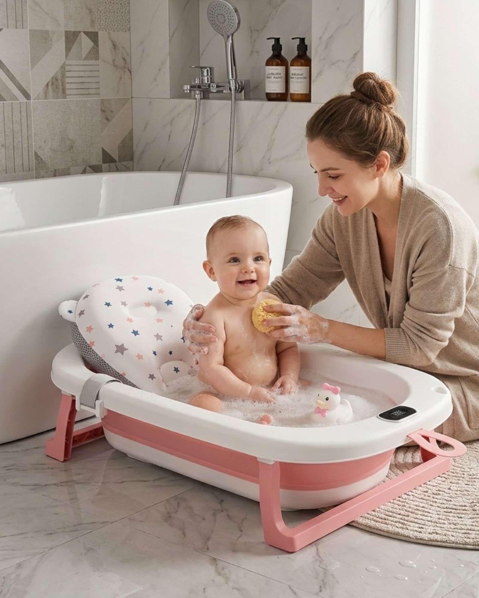 Bañera Plegable Rosada para Bebé con Termómetro Digital y Cojín de Soporte Estrellas-2
