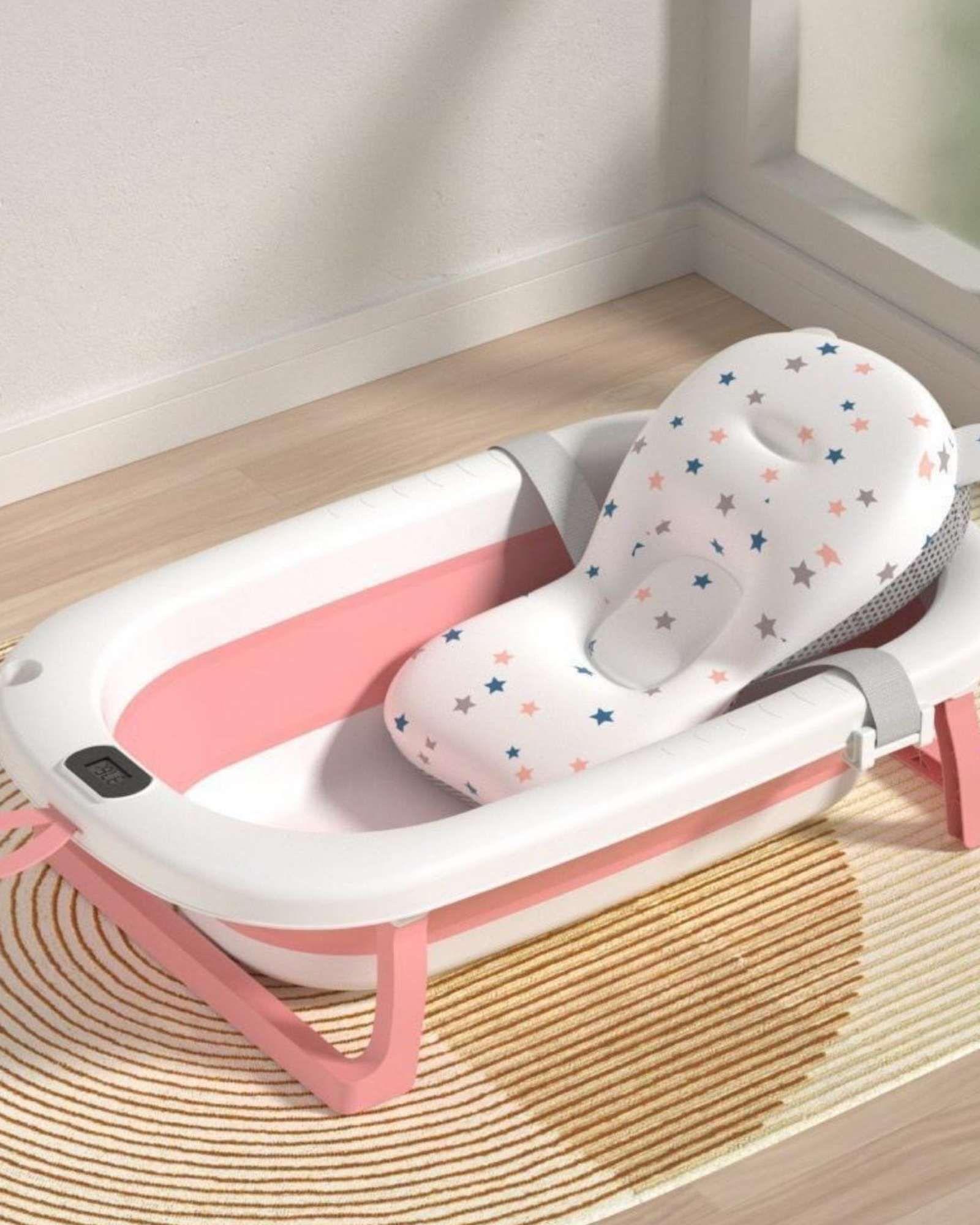 Bañera Plegable Rosada para Bebé con Termómetro Digital y Cojín de Soporte Estrellas-3
