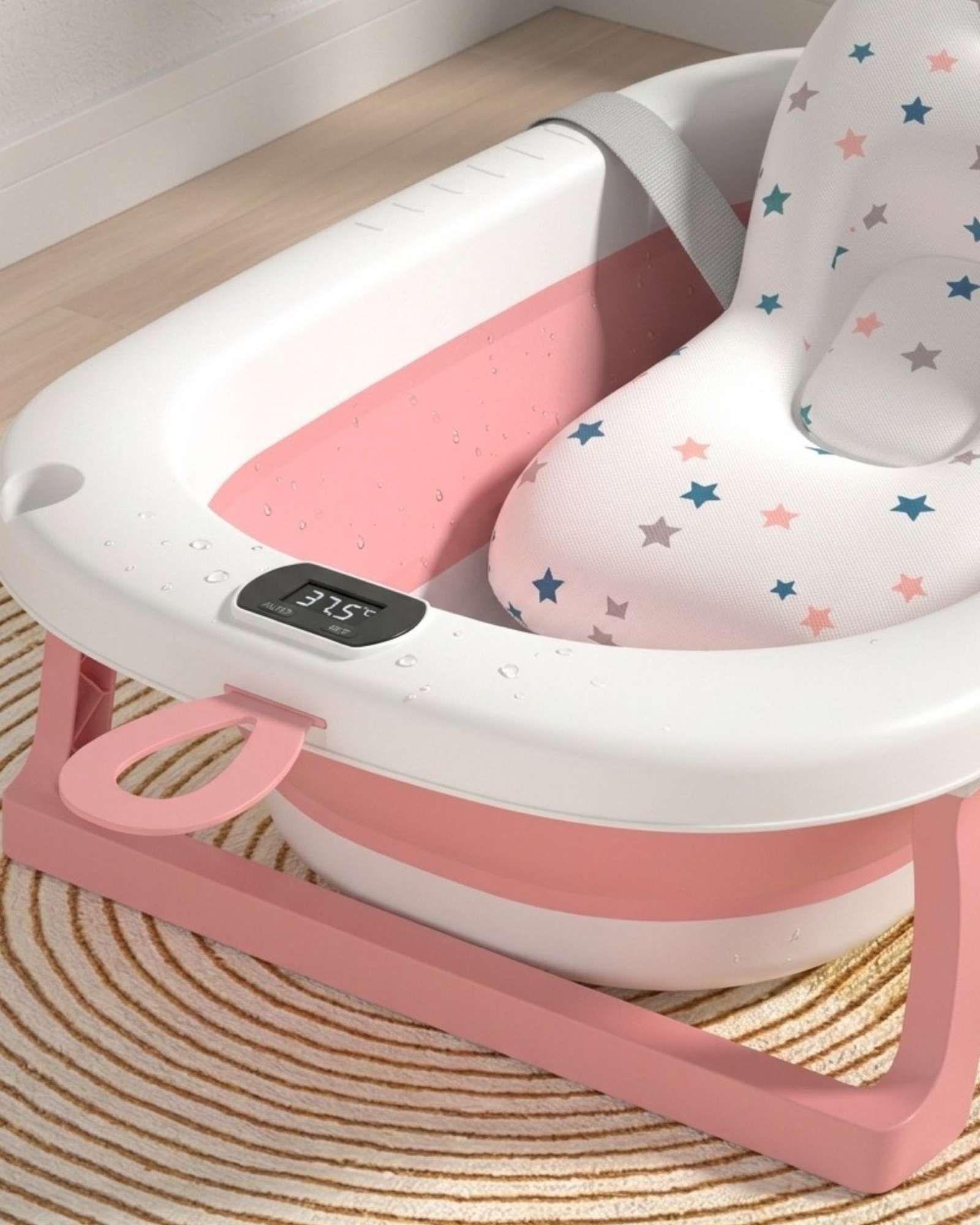 Bañera Plegable Rosada para Bebé con Termómetro Digital y Cojín de Soporte Estrellas-4