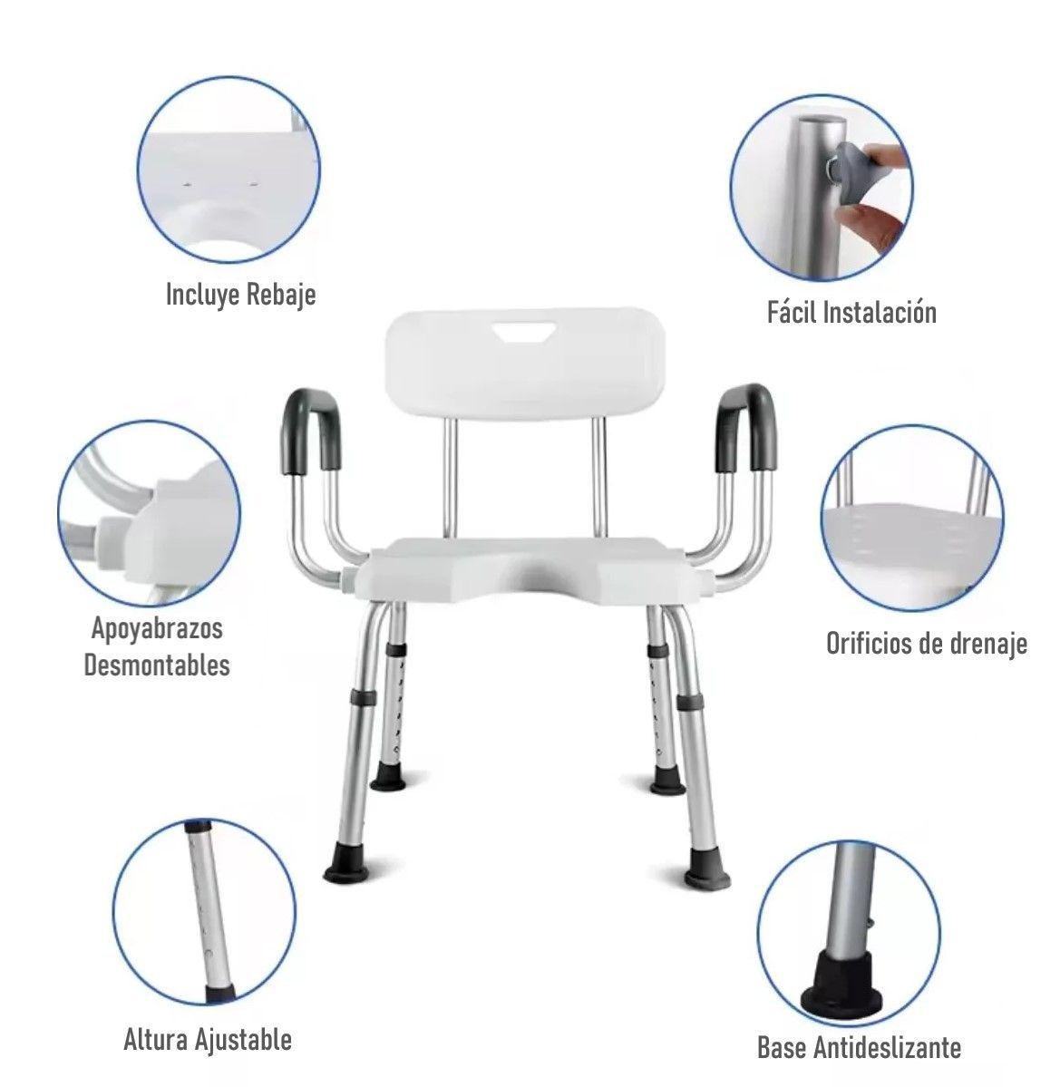Silla De Ducha Para Baño Aluminio Con Rebaje Y Apoyabrazos-2