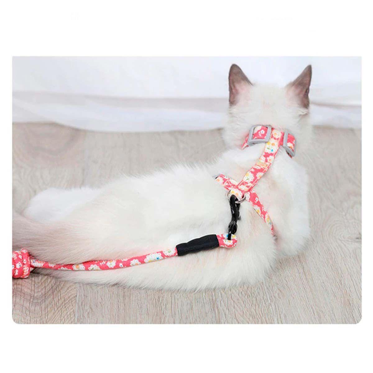 Arnes Ajustable y Correa Perros Y Gatos Rojo con flores-2