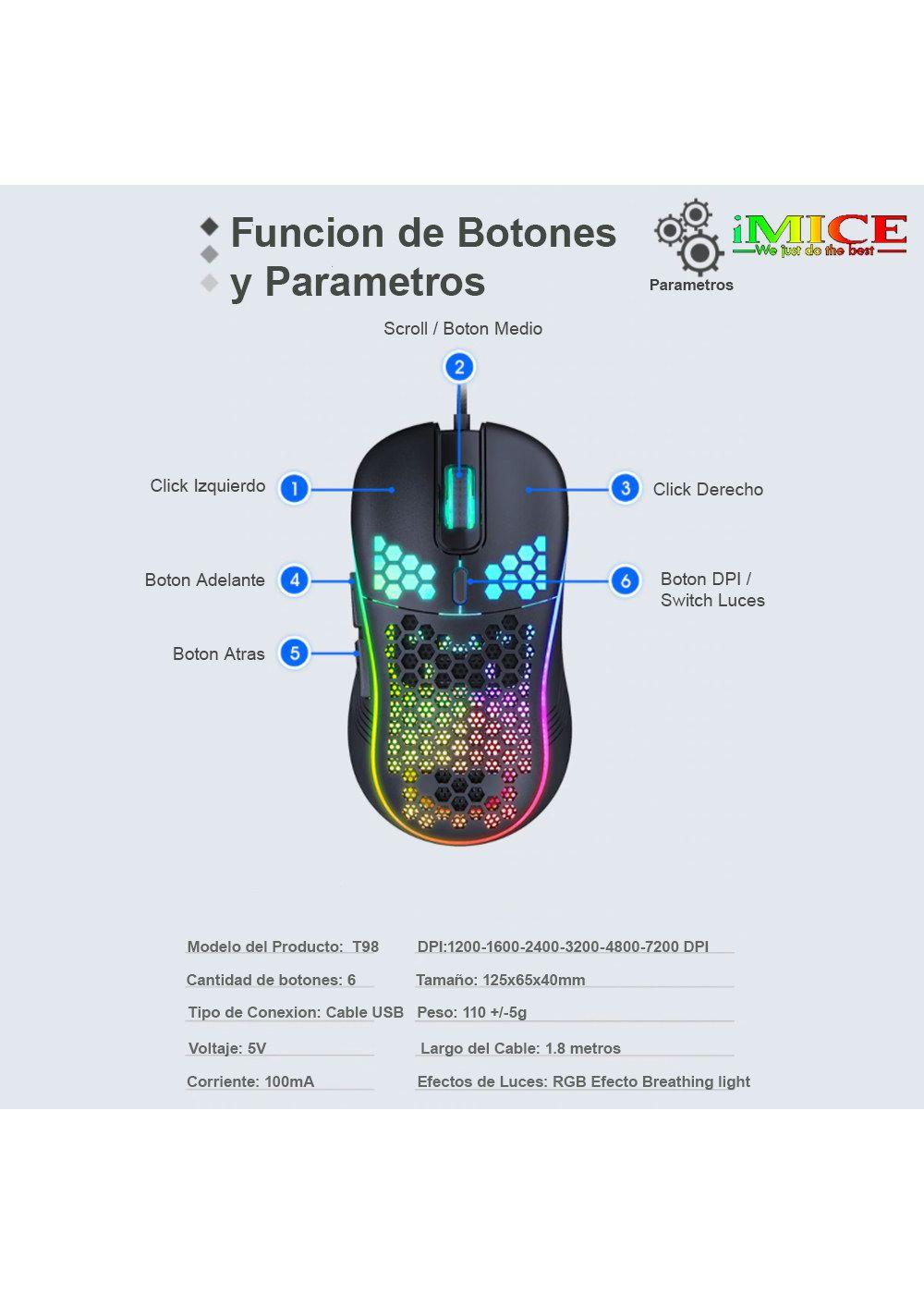 Mouse Gamer Premium Imice T98 Rgb 7200 Dpi Honeycomb Usb-3