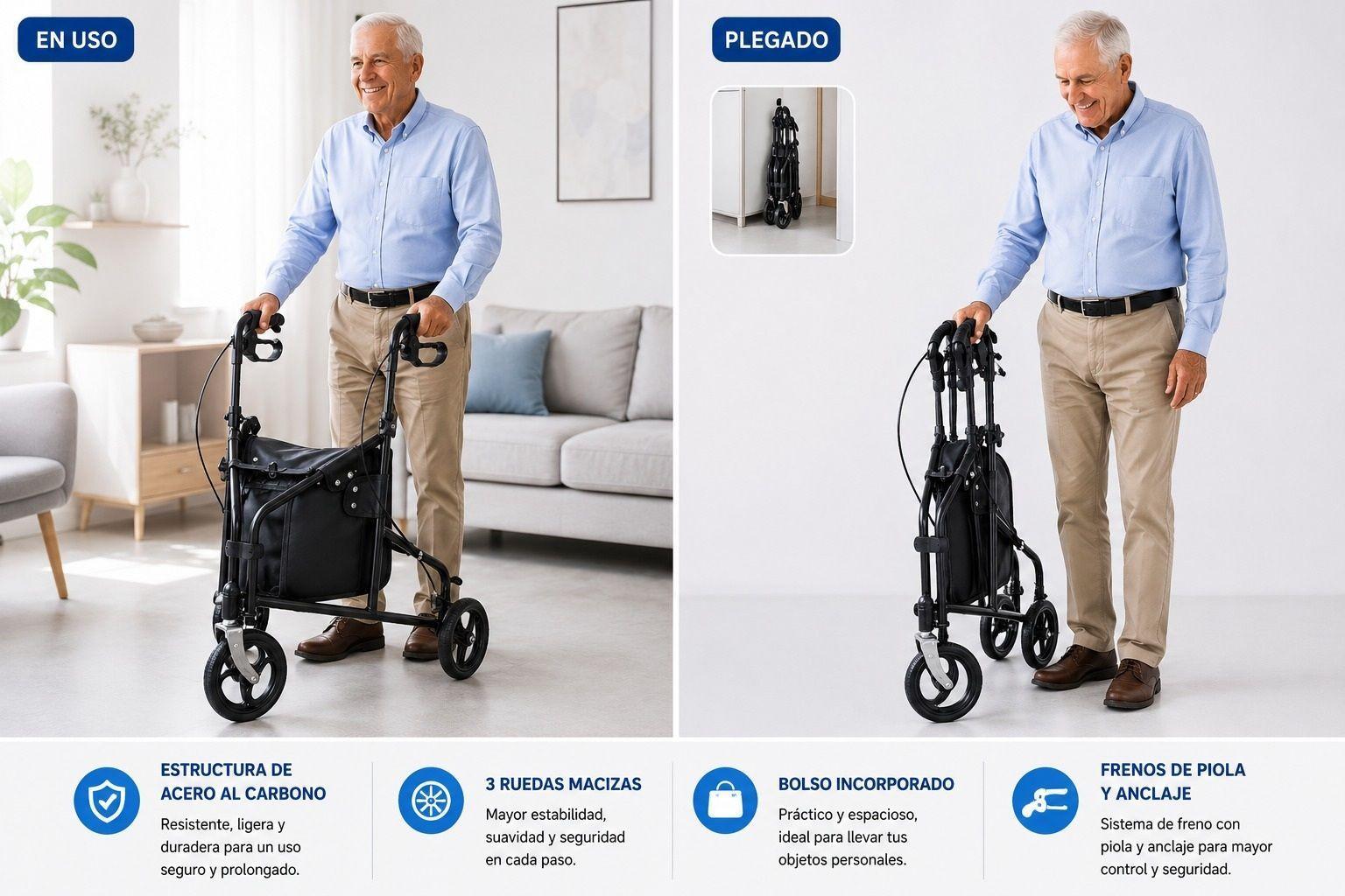 Andador Burrito Rollator 3 Ruedas Con Bolso Plegable Oneder-2