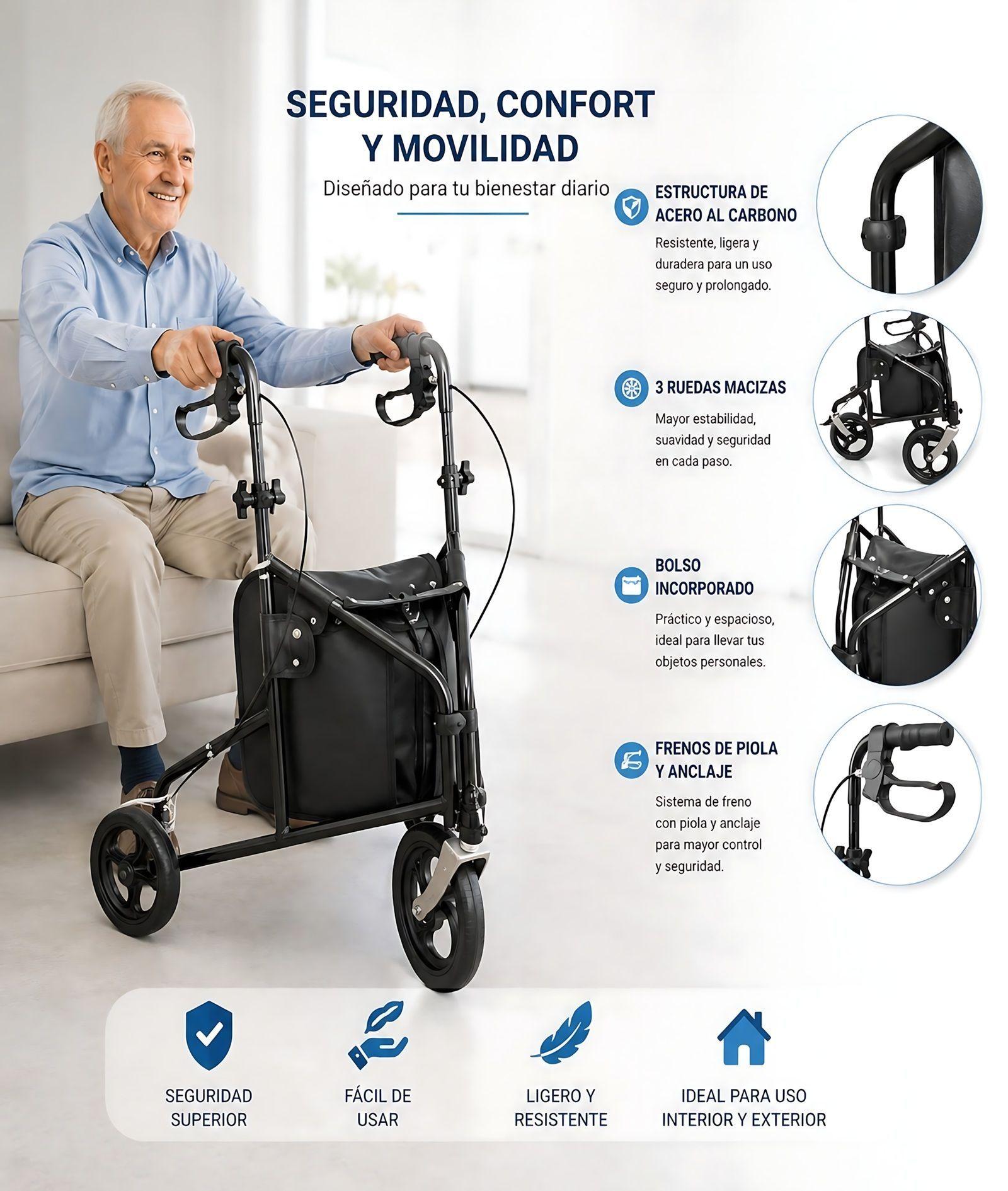 Andador Burrito Rollator 3 Ruedas Con Bolso Plegable Oneder-5