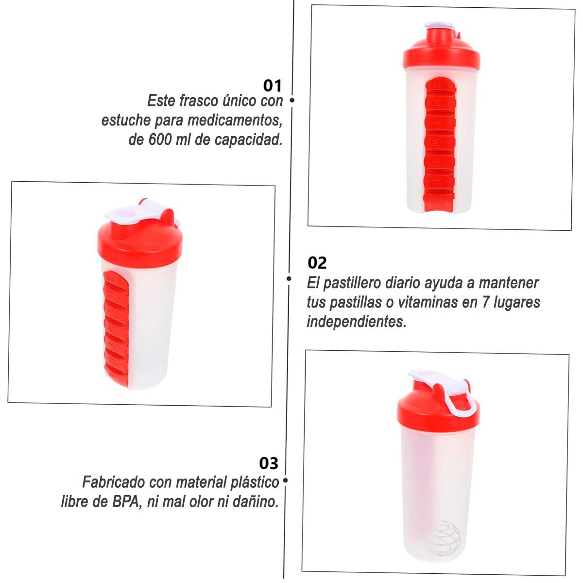 Botella De Agua 600ml + Pastillero Organizador Semanal Rojo-2