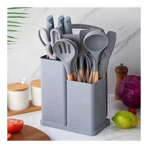 Juego Utensilios Silicona Con Soporte Madera 19 Piezas Gris-2