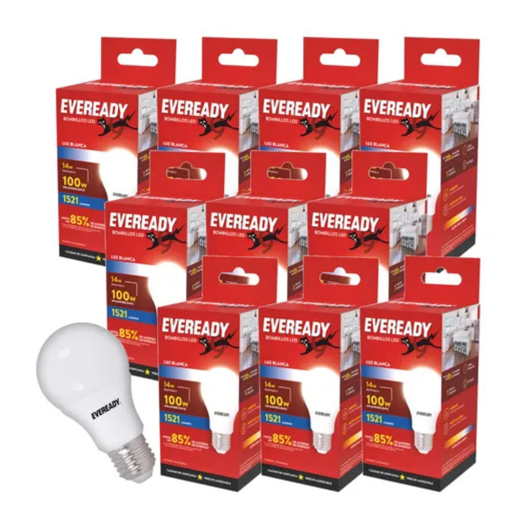 PACK AMPOLLETAS LED EVEREADY 100W LUZ BLANCA 10 UNIDADES EV14A1521B-A-2