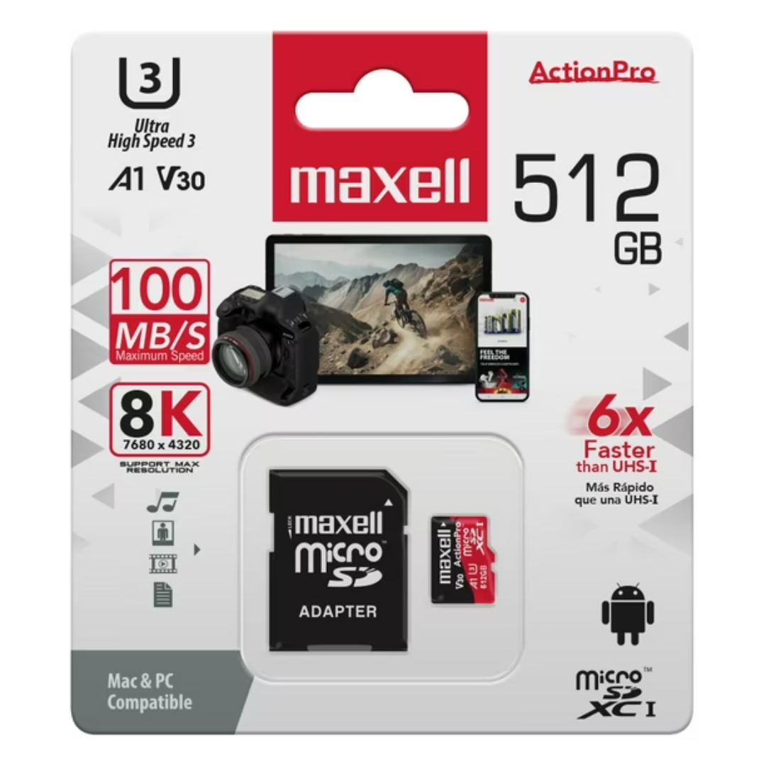 MEMORIA MICRO SD MAXELL 8K 100MB/S 512GB A1 V30 MCSD-512U3-2
