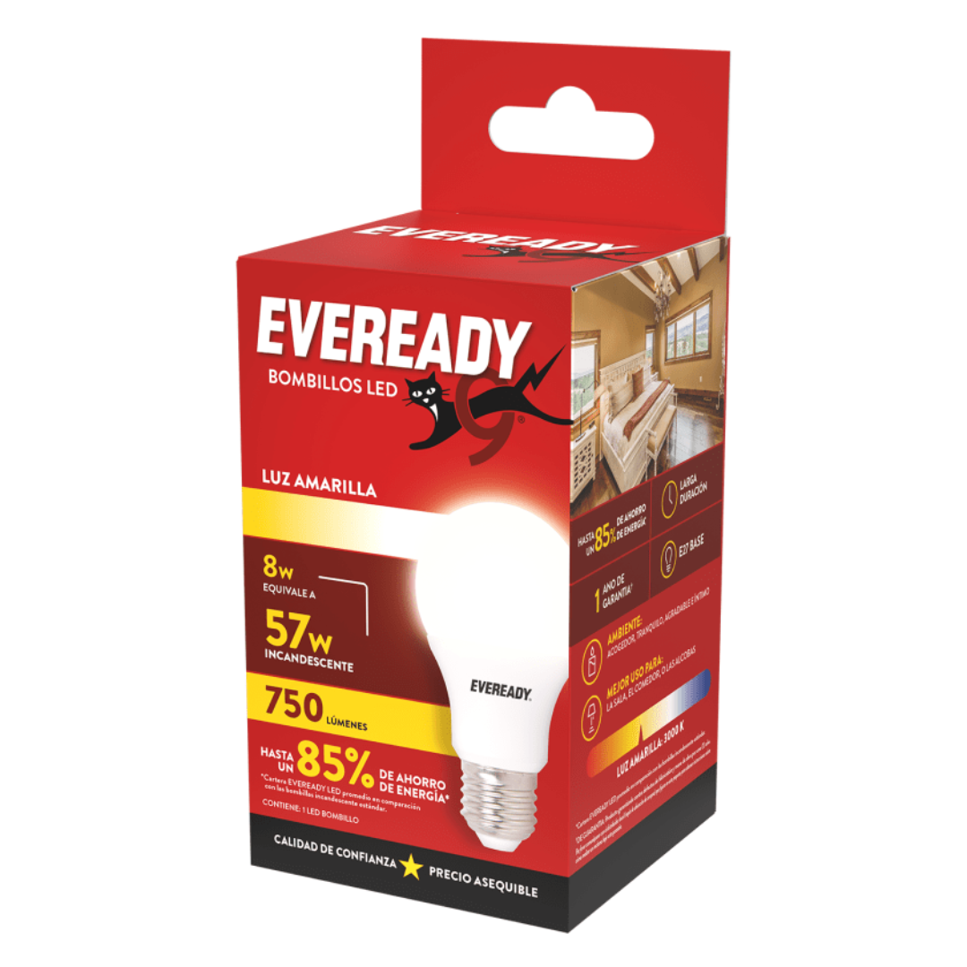 PACK AMPOLLETAS LED EVEREADY 57W LUZ AMARILLA 10 UNIDADES EV8A750A-A-2