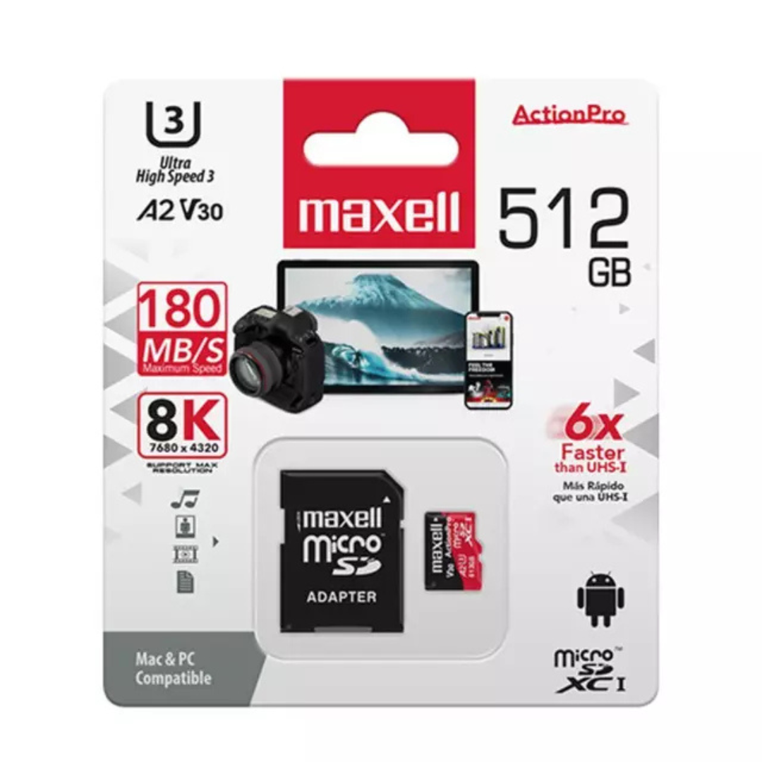 MEMORIA MICRO SD MAXELL 8K 180MB/S 512GB A2 V30 MCSD512U3 A2-2