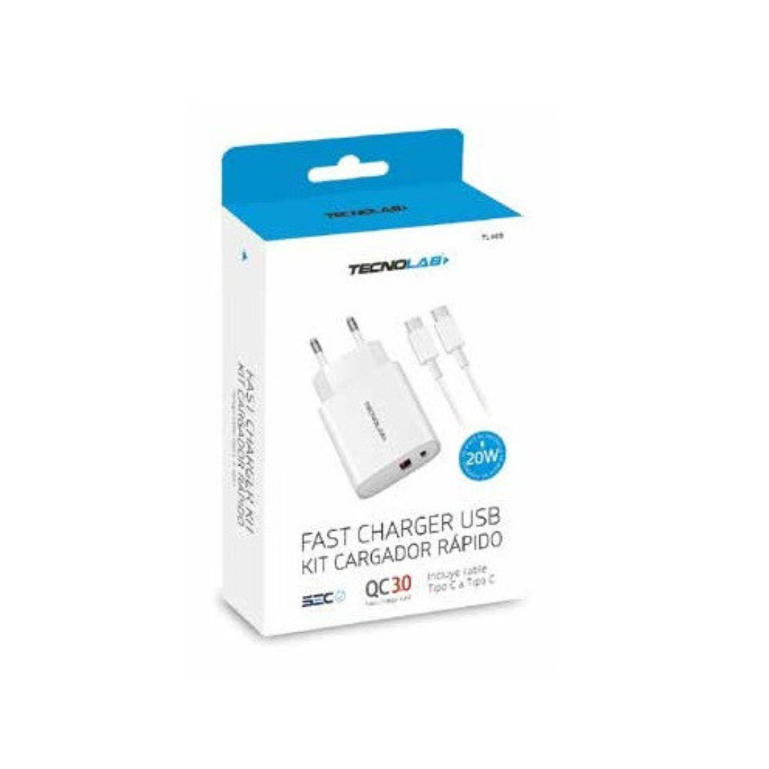 CARGADOR USB TECNOLAB USB CARGA RAPIDA + CABLE TIPO C A LIGHTNING BLANCO-1
