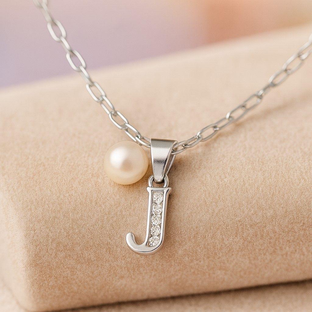 Collar Letra J Circón Perla De Rio Plata Ley 925 -2