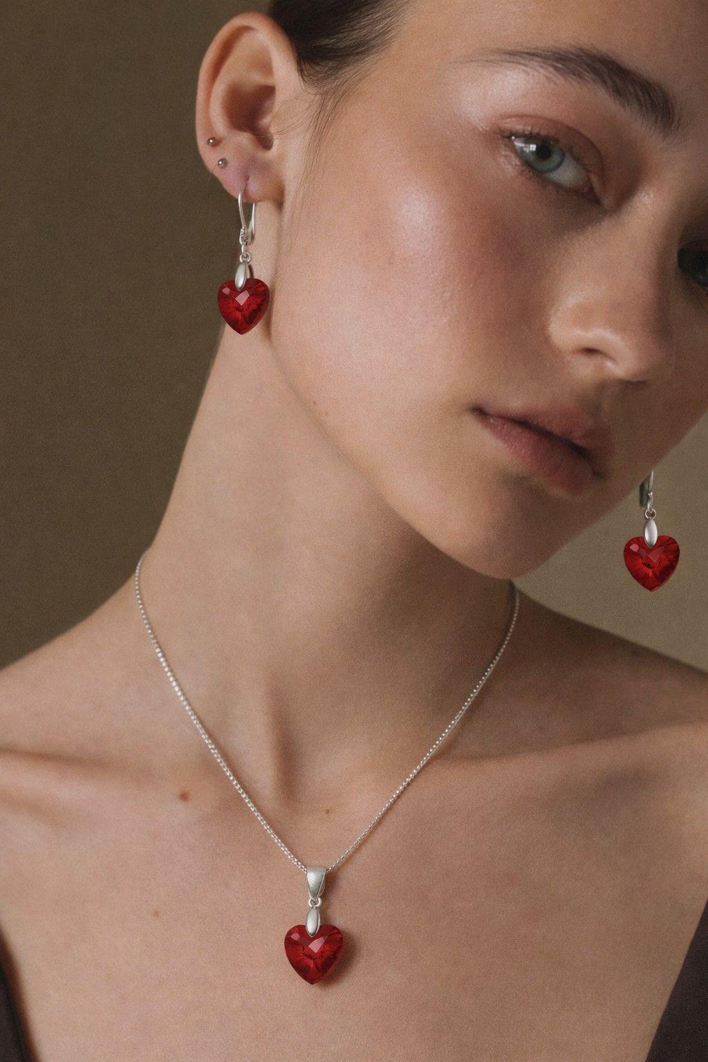Conjunto Collar y Aros Corazón Cristal Austriaco Plata 925 -2