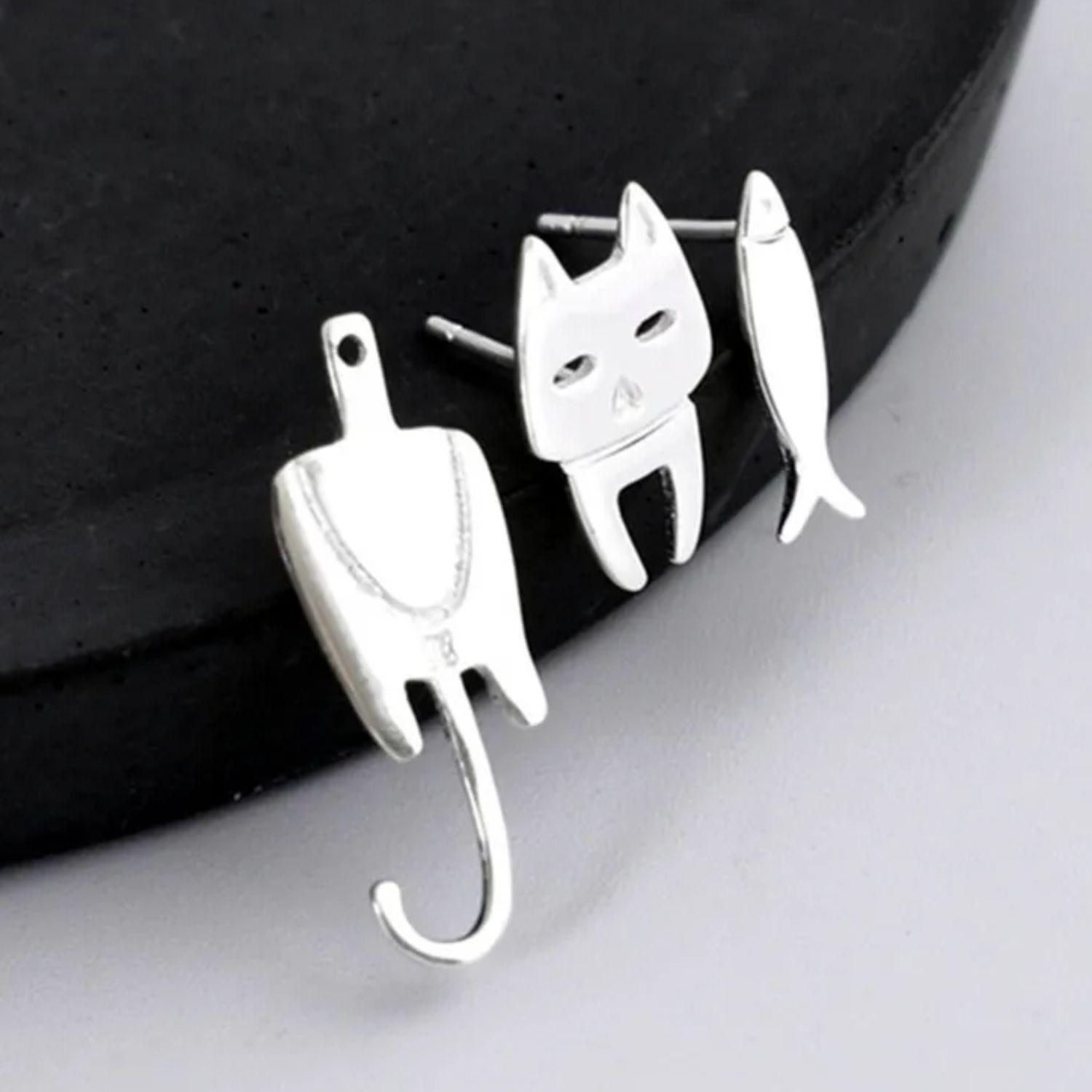 Aros Asimétricos Gato y Pez en Plata 925-2