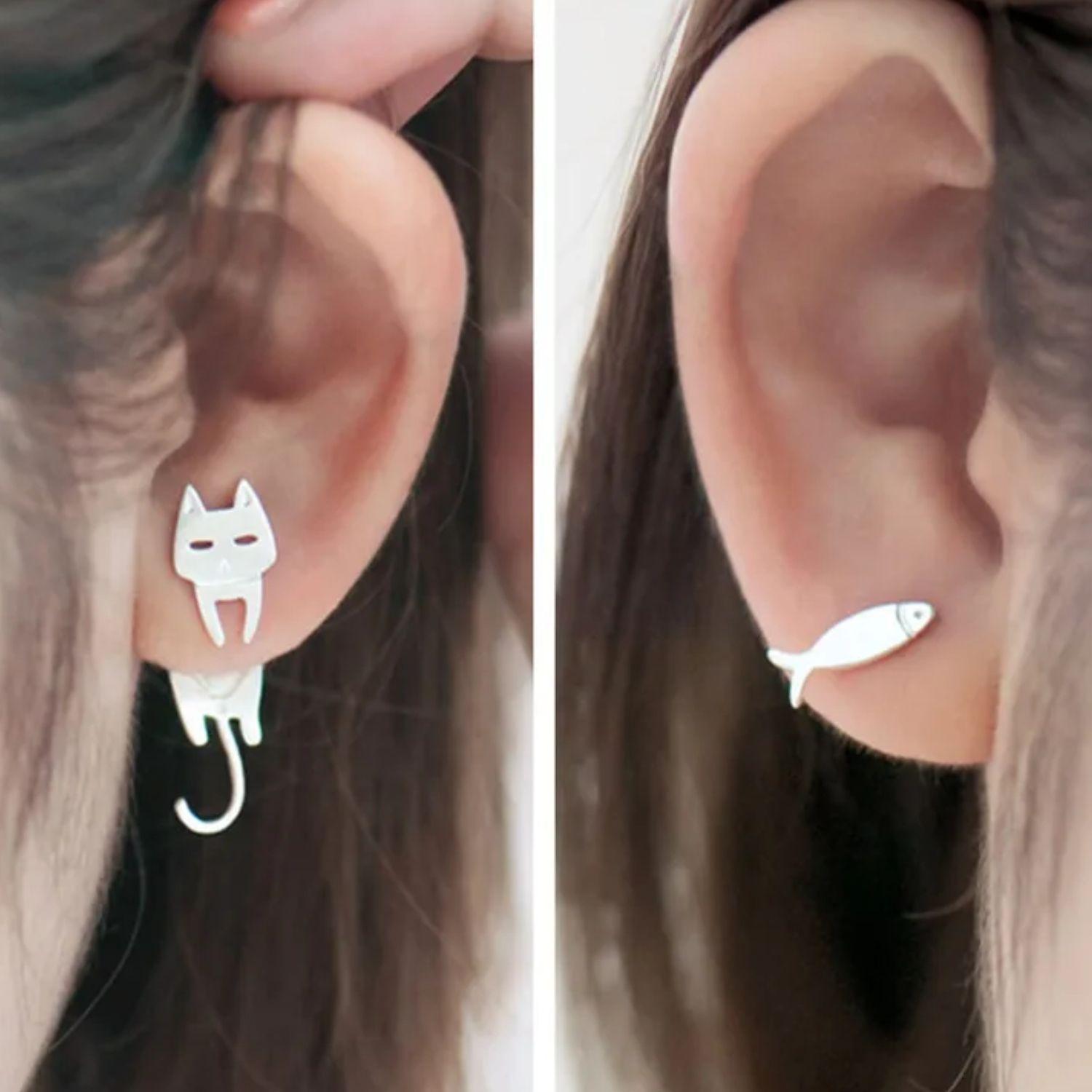 Aros Asimétricos Gato y Pez en Plata 925-3