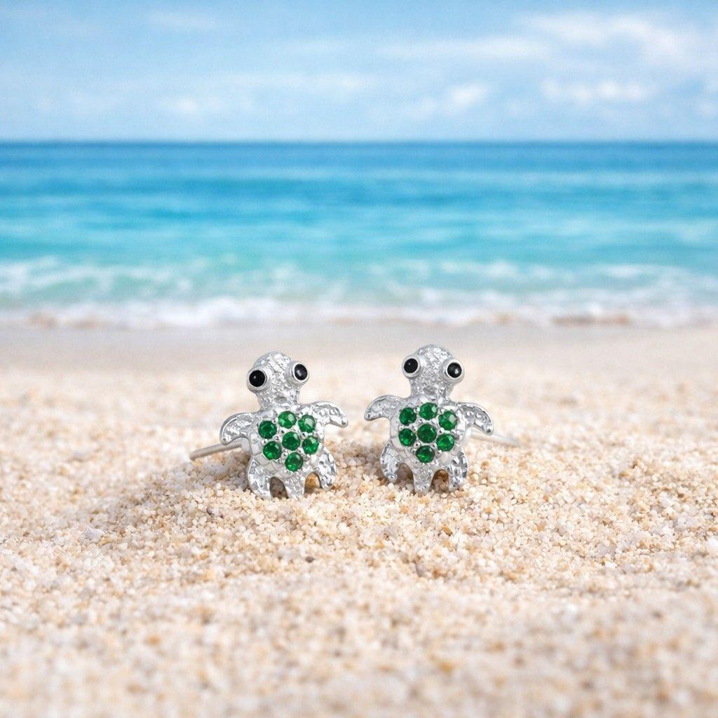 Aros Pegado Tortuga Tierna Microcircón Plata Ley 925  -2