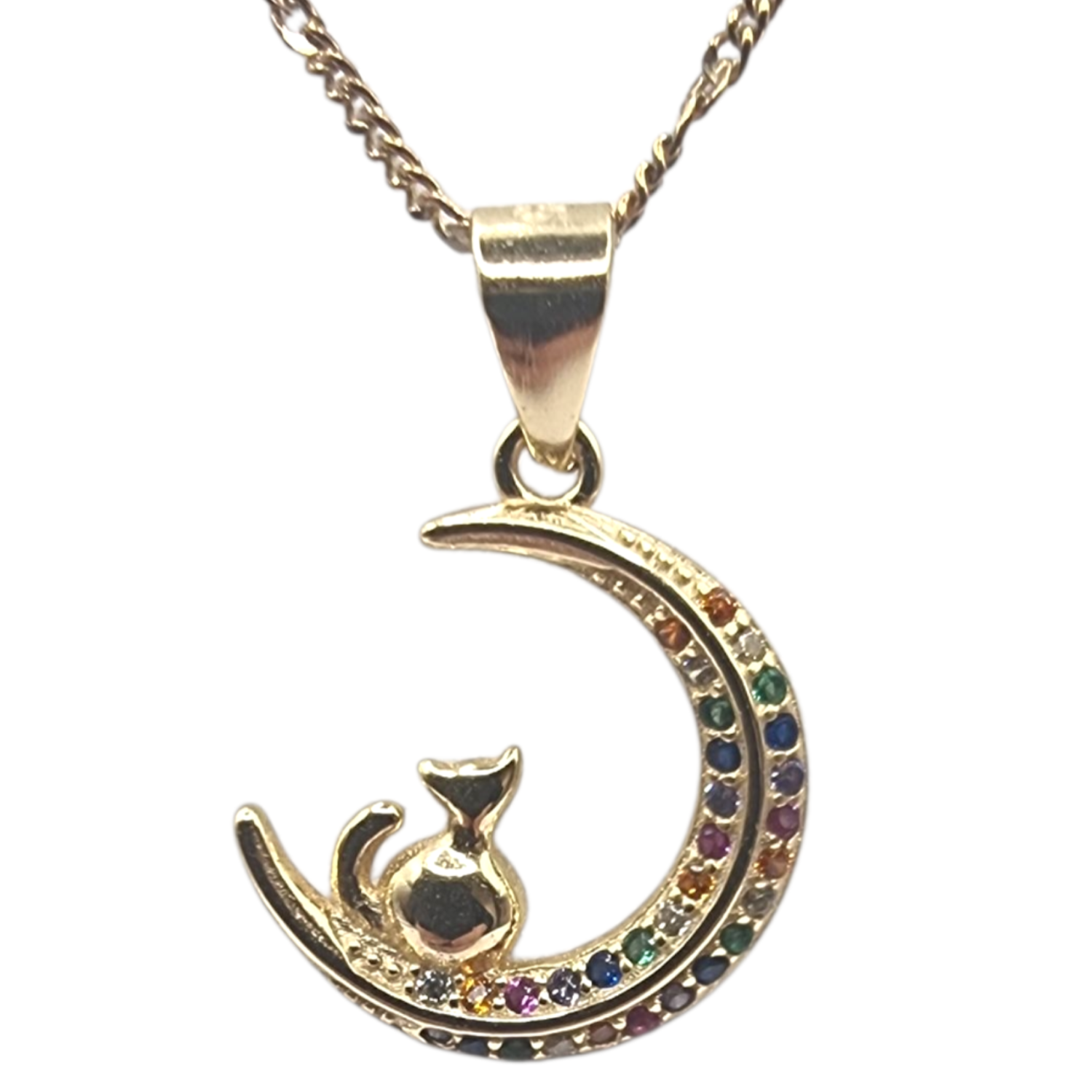 Collar Gatito y Luna en Plata 925 con Circones Multicolor-0