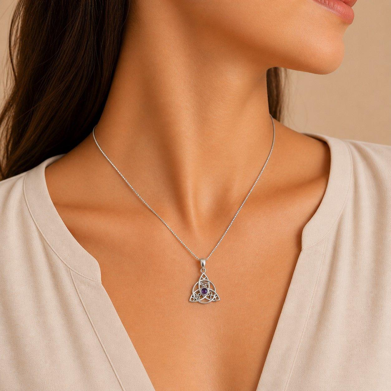 Collar Amuleto Triqueta Amatista Plata Ley 925 -2
