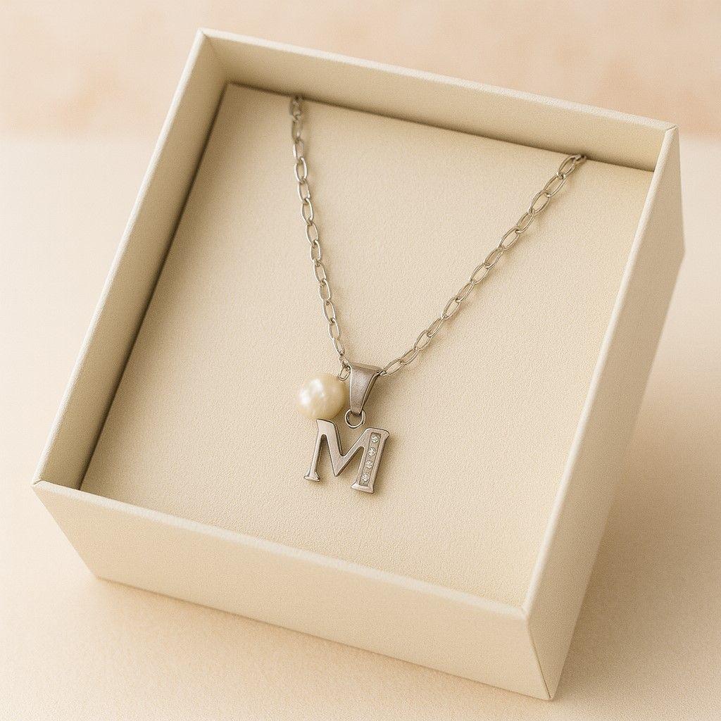 Collar Letra M Circón Perla De Rio Plata Ley 925 -2