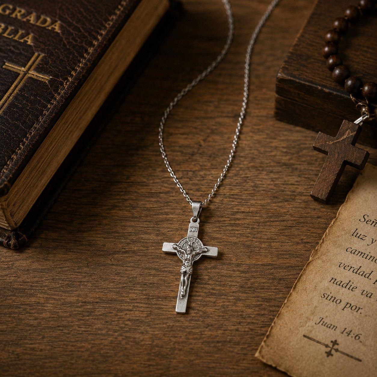 Collar Crucifijo San Benito Hombre Acero Inoxidable-2
