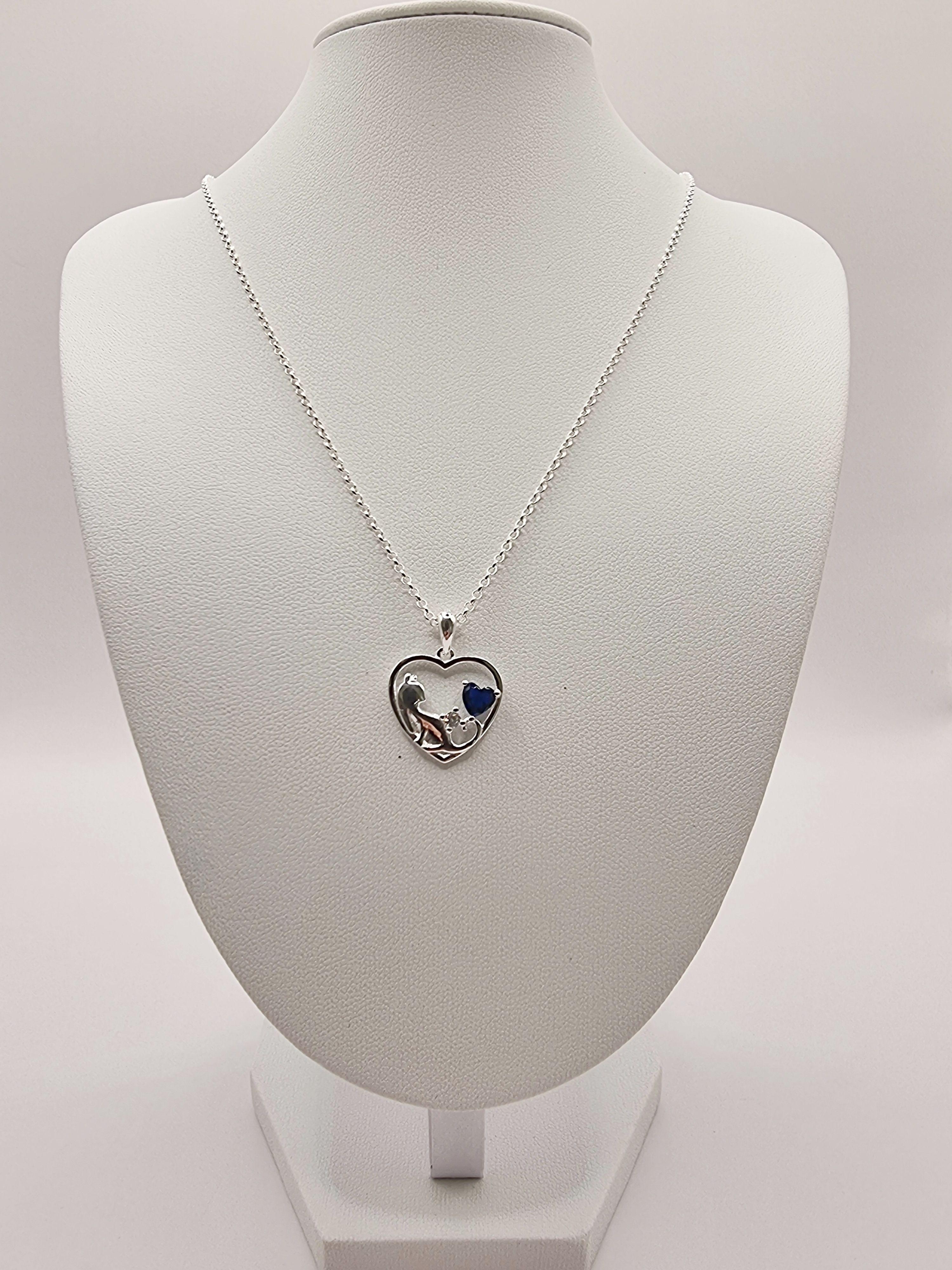 Collar Corazón con Gatito y Circones Azul Zafiro en Plata 925-2