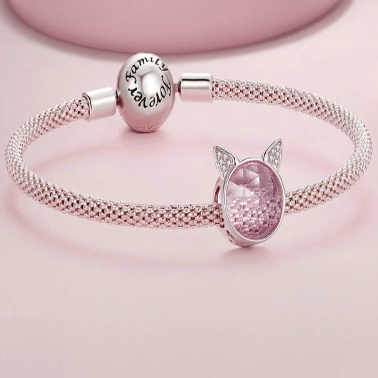 Charm Gato Orejitas con Circón Rosa en Plata 925 -2