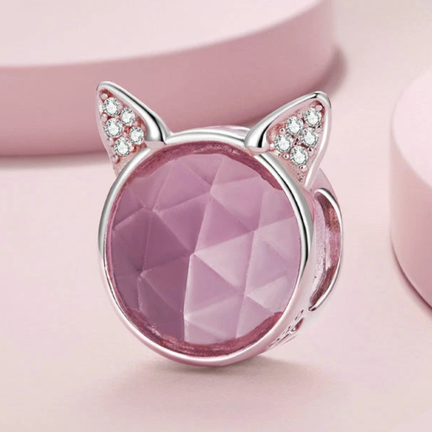Charm Gato Orejitas con Circón Rosa en Plata 925 -5