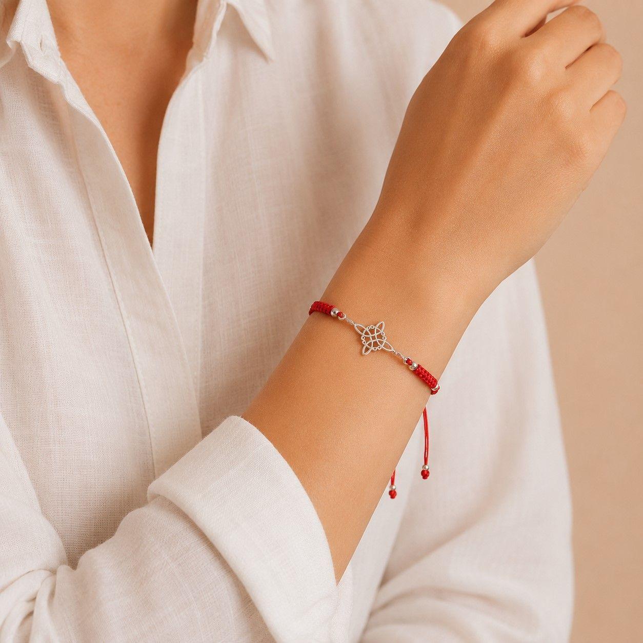 Pulsera Hilo Rojo Nudo de Bruja Ajustable Plata 925  -3