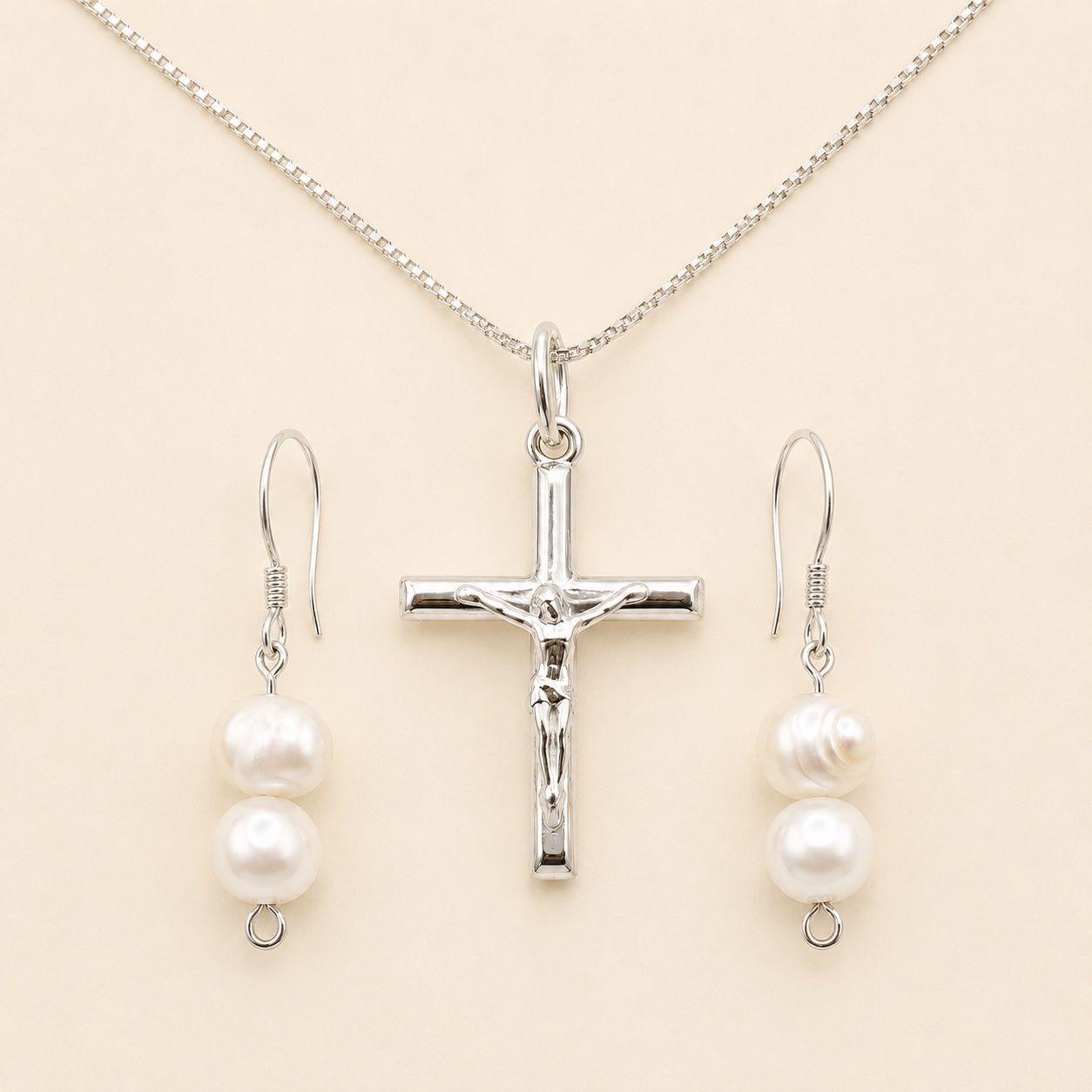 Conjunto Collar Crucifijo y Aros Perla de Rio Natural Plata 925-0
