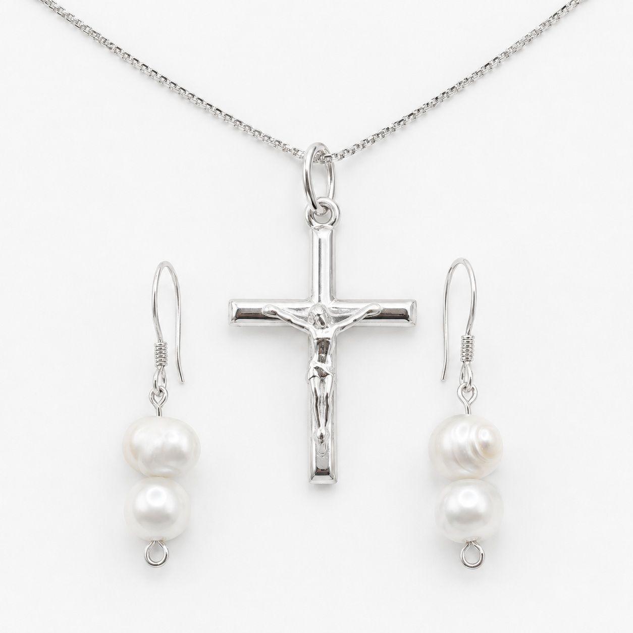 Conjunto Collar Crucifijo y Aros Perla de Rio Natural Plata 925-5