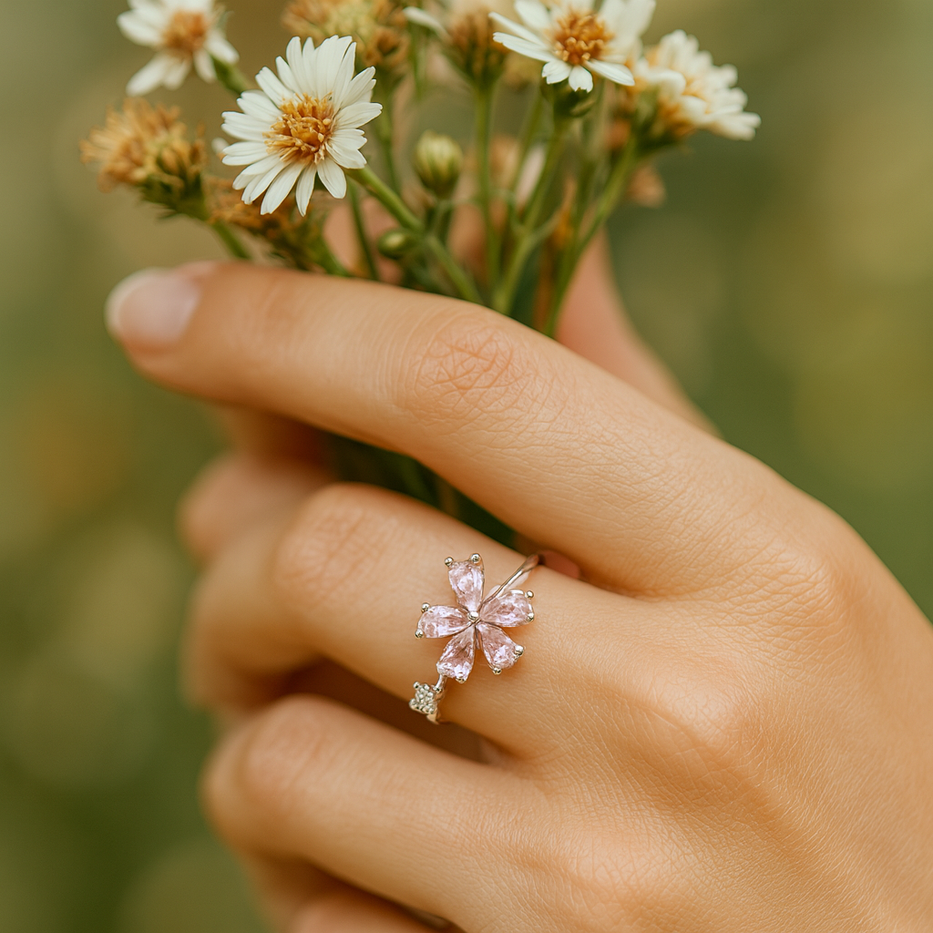 Anillo Ajustable Plata 925 Mariposa Flor Circones Rosa Francia -2