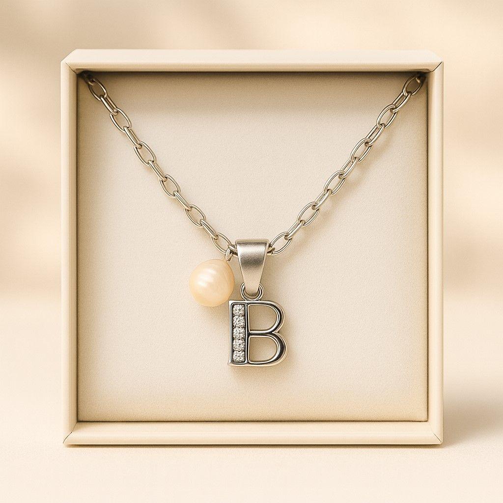 Collar Letra B Circón Perla De Rio Plata Ley 925 -2