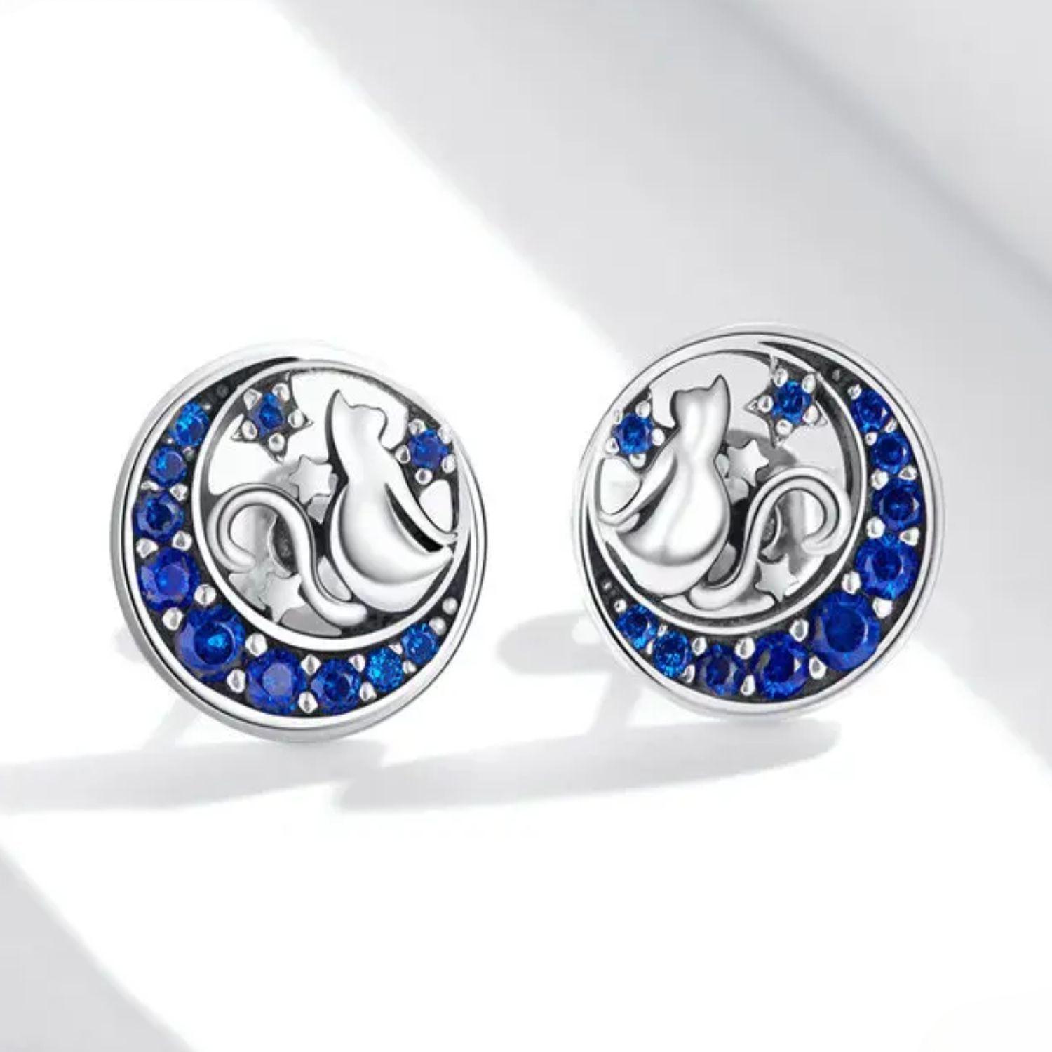 Aros Gato con Luna en Plata 925-1
