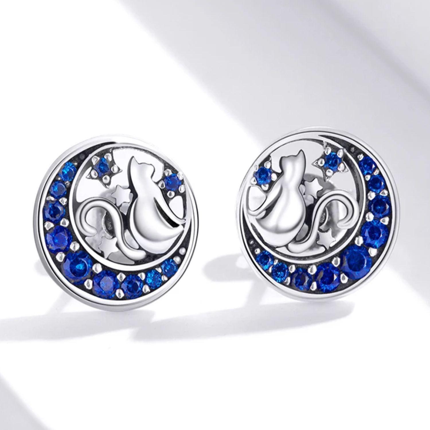 Aros Gato con Luna en Plata 925-2