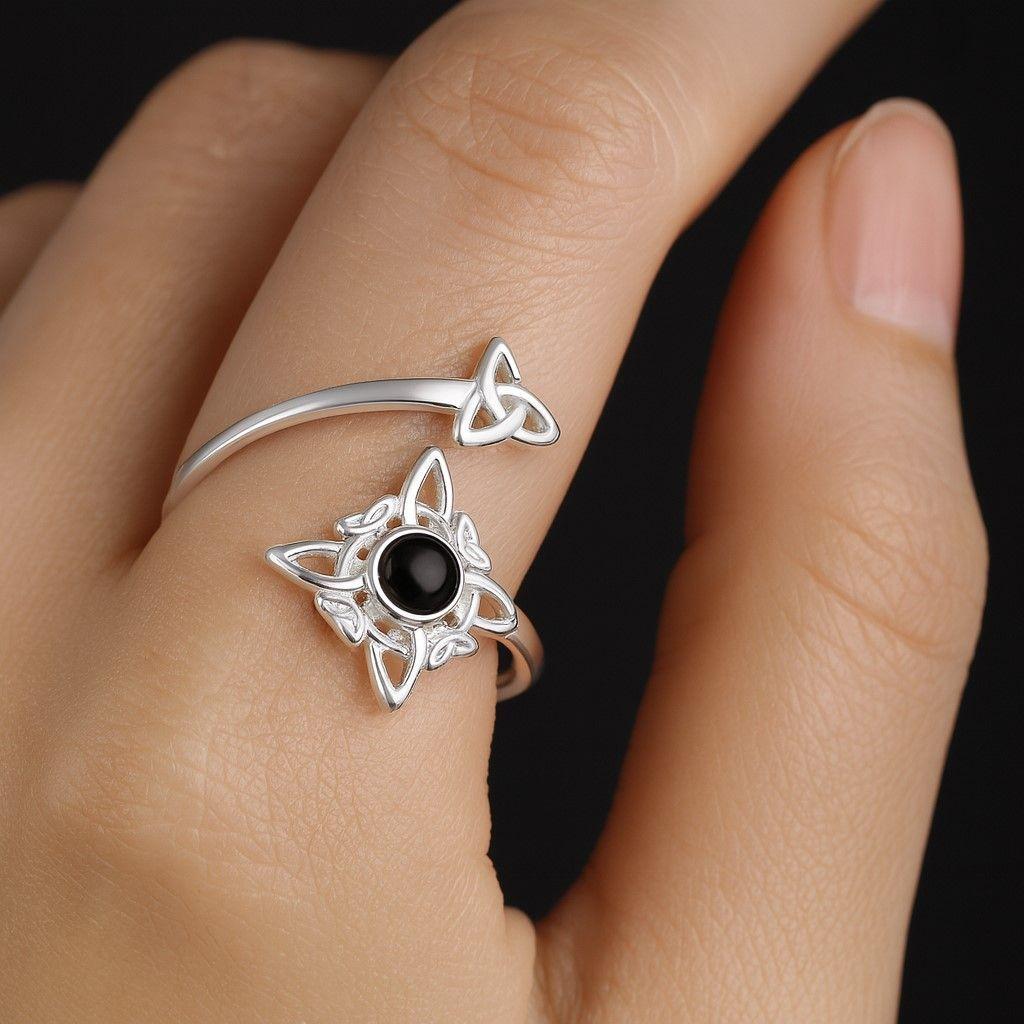 Anillo Ajustable Plata 925 Nudo de Brujas Triqueta Ónix -2