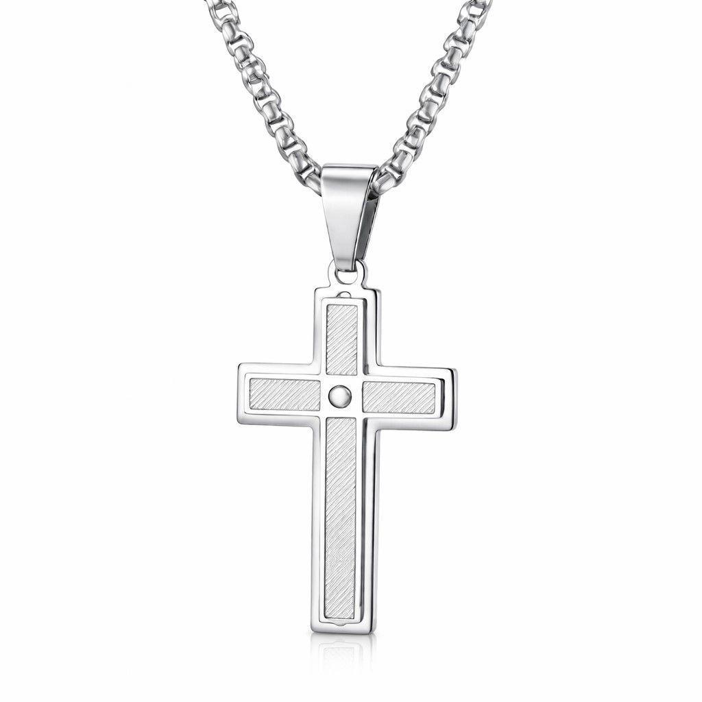 Collar Hombre Cruz Circón Elegante Acero Inoxidable -0