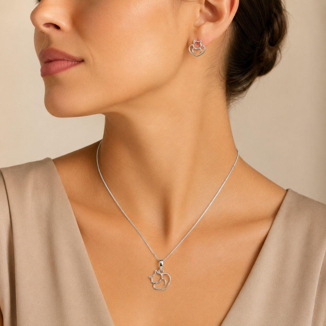 Conjunto Collar y Aros Gato Plata Ley 925  -3