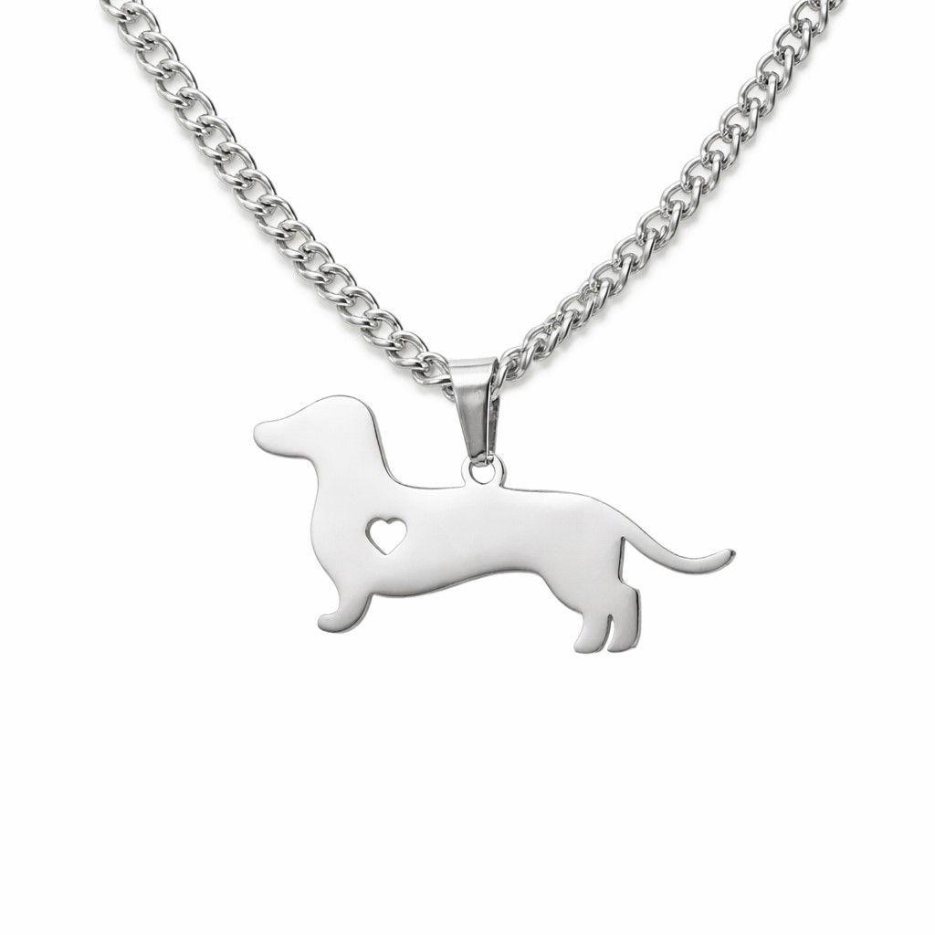 Collar Cadena Perrito Salchicha Tierno Dachshund Corazón Acero Inoxidable -0