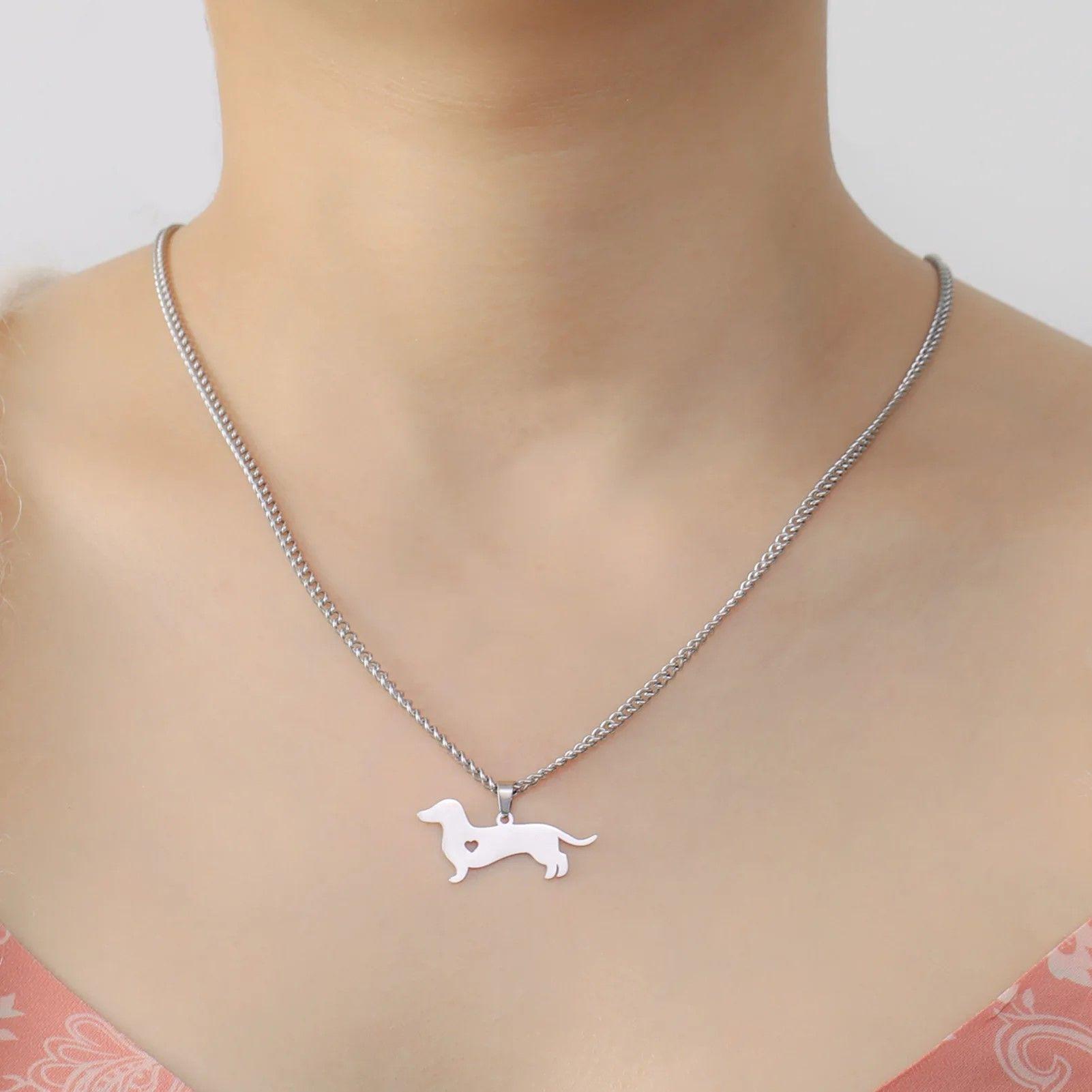 Collar Cadena Perrito Salchicha Tierno Dachshund Corazón Acero Inoxidable -1