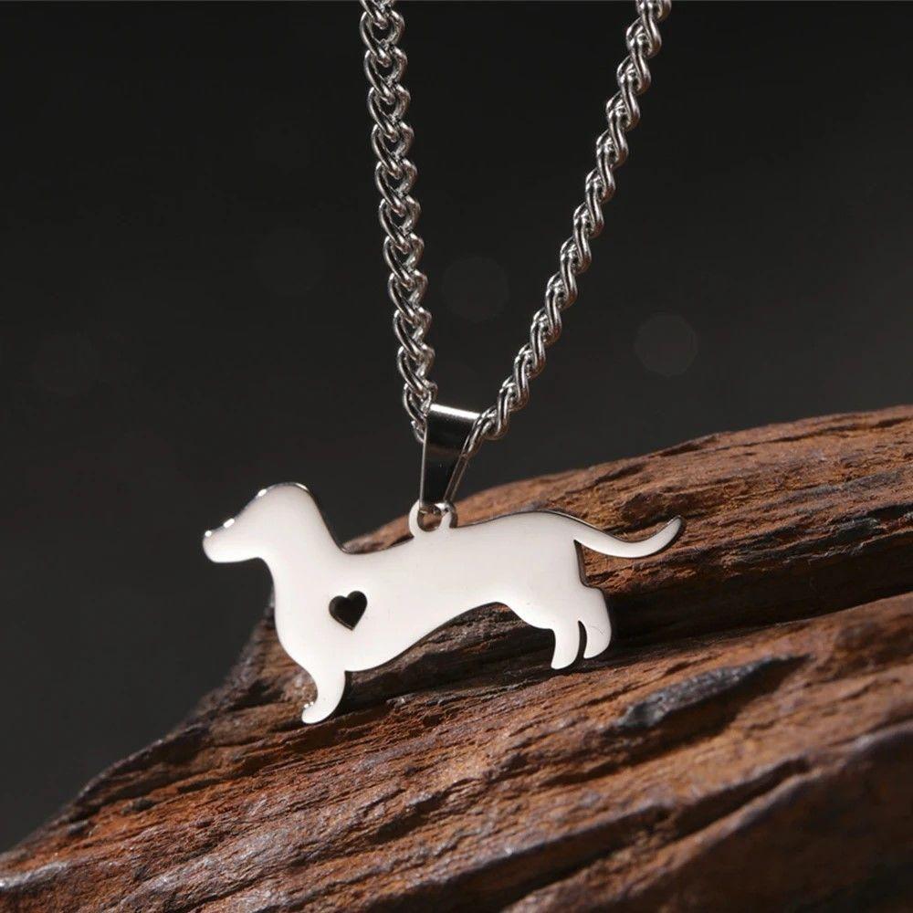 Collar Cadena Perrito Salchicha Tierno Dachshund Corazón Acero Inoxidable -3