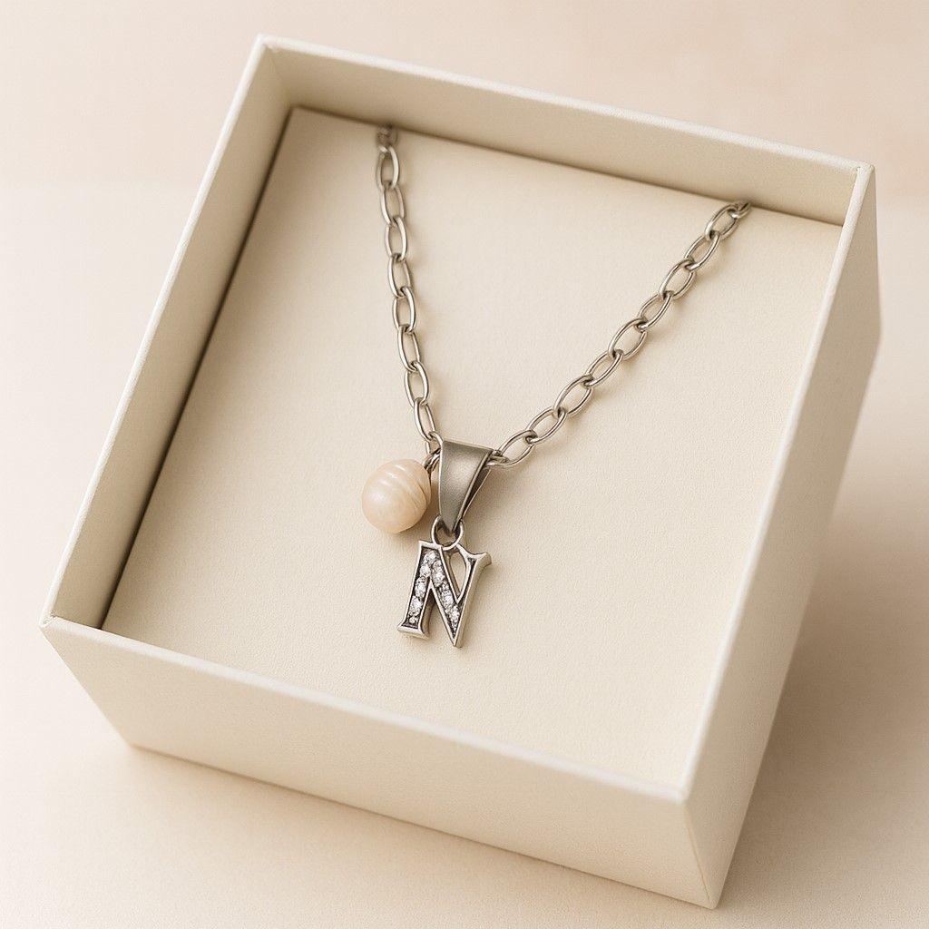 Collar Letra N Circón Perla De Rio Plata Ley 925 -2