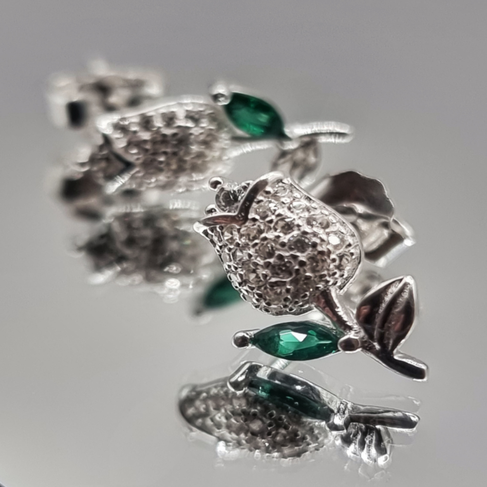 Aros Flor Tulipán Circones Esmeralda en Plata 925 -3