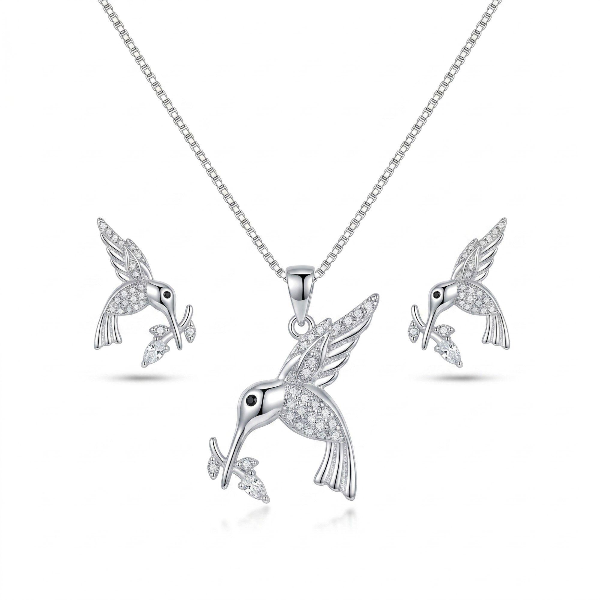 Conjunto Collar y Aros Colibrí Flor Circón Plata Ley 925  -0