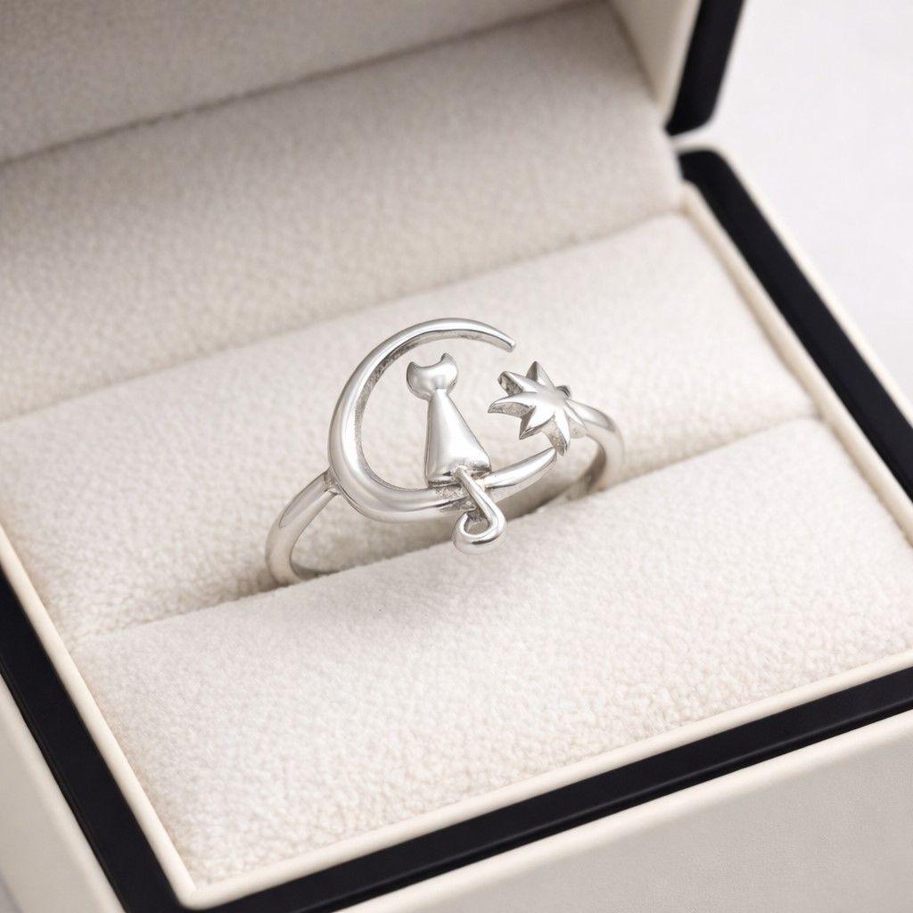 Anillo Gatito en la Luna Ajustable Plata Ley 925   -2