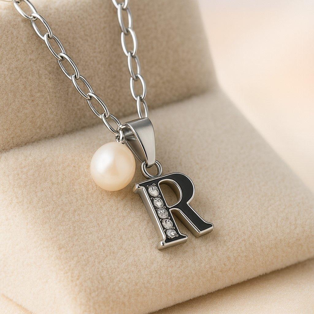 Collar Letra R Circón Perla De Rio Plata Ley 925 -2